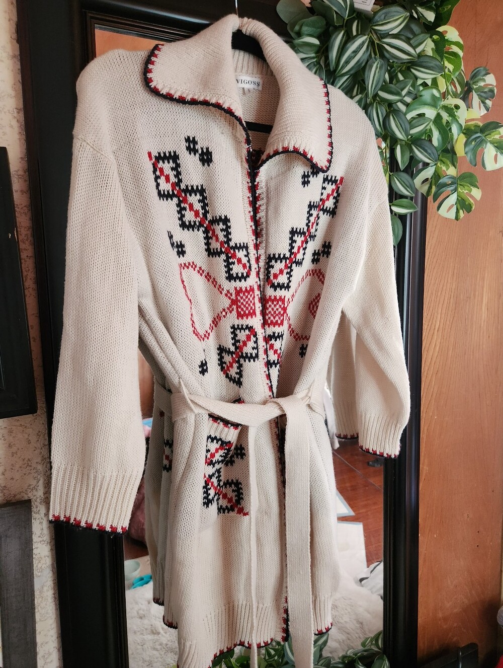 Vigoss Cream Cardigan Sweater with Red & Black Geometric Design